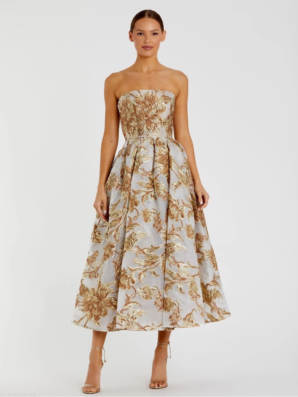 Mac Duggal Gold Strapless Brocade Midi Dress with Pockets In Bronze Beige Size 8